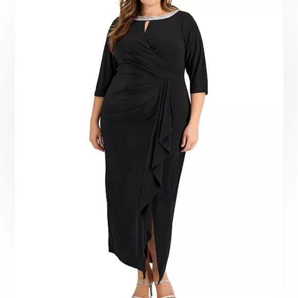 Alex Evenings Womens Plus Rhinestone Cascade Evening Dress Black 16W